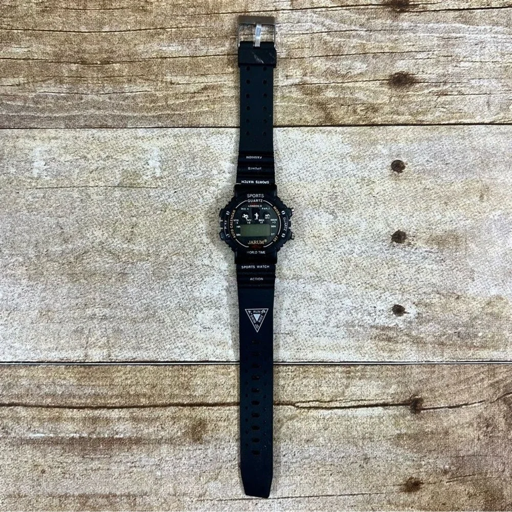 Jarum World Time Digital Sports Watch Black Quartz Resin Strap‎ Mens Womens